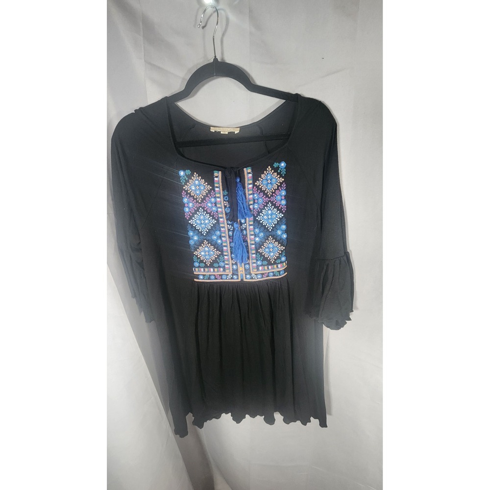 Embroidered Boho Peasant Tunic Top Sequin Tassel Ruffle Sleeve Medium
